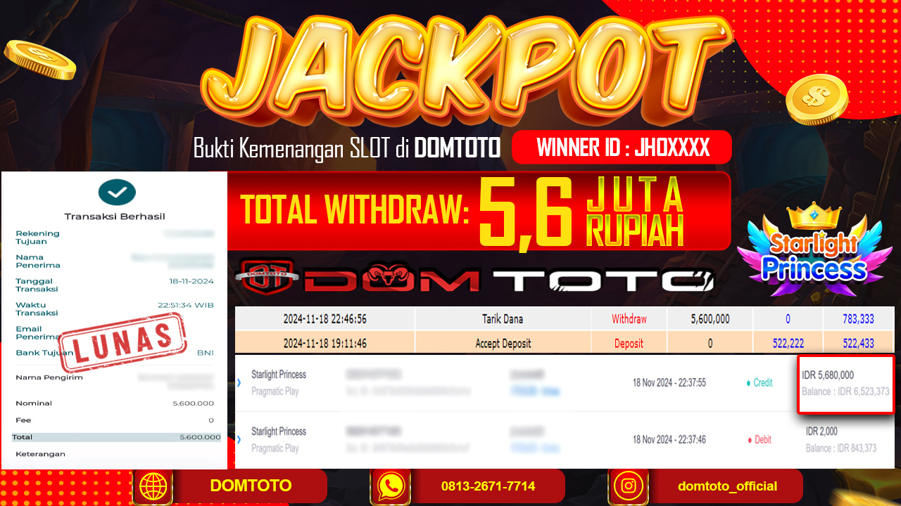 JACKPOT SLOT STARLIGHT PRINCESS 18 NOVEMBER 2024